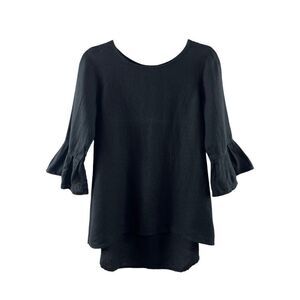 Crown Linen Designs 3/4 Bell Sleeve Hi-Lo Tunic Blouse XS Black European Linen